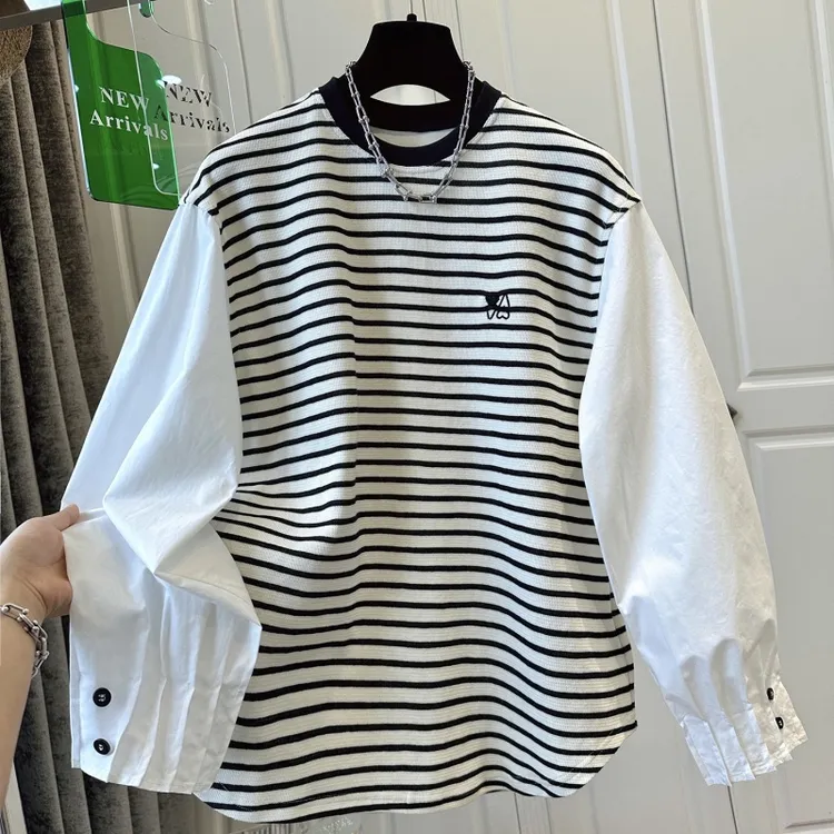 设计感小众衬衫袖拼接条纹卫衣女上衣宽松休闲遮屁股2025早春新款