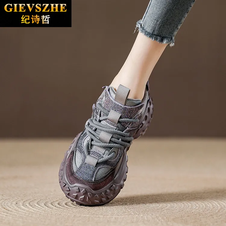 纪诗哲女鞋厚底做旧复古老爹鞋轻便紫色运动鞋夏季新款水钻休闲鞋