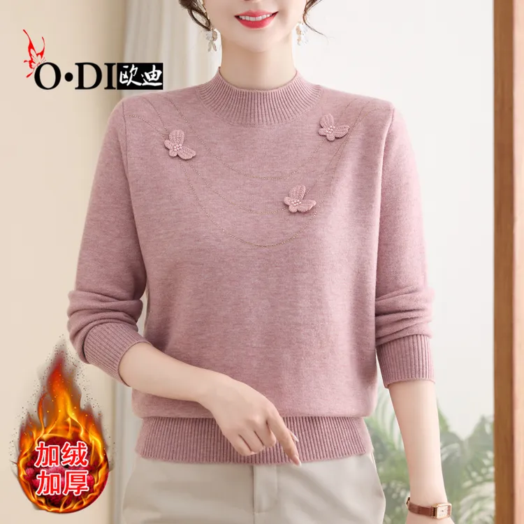 中年妈妈装冬季加绒加厚纯色针织衫保暖半高领中老年女装毛衣冬装