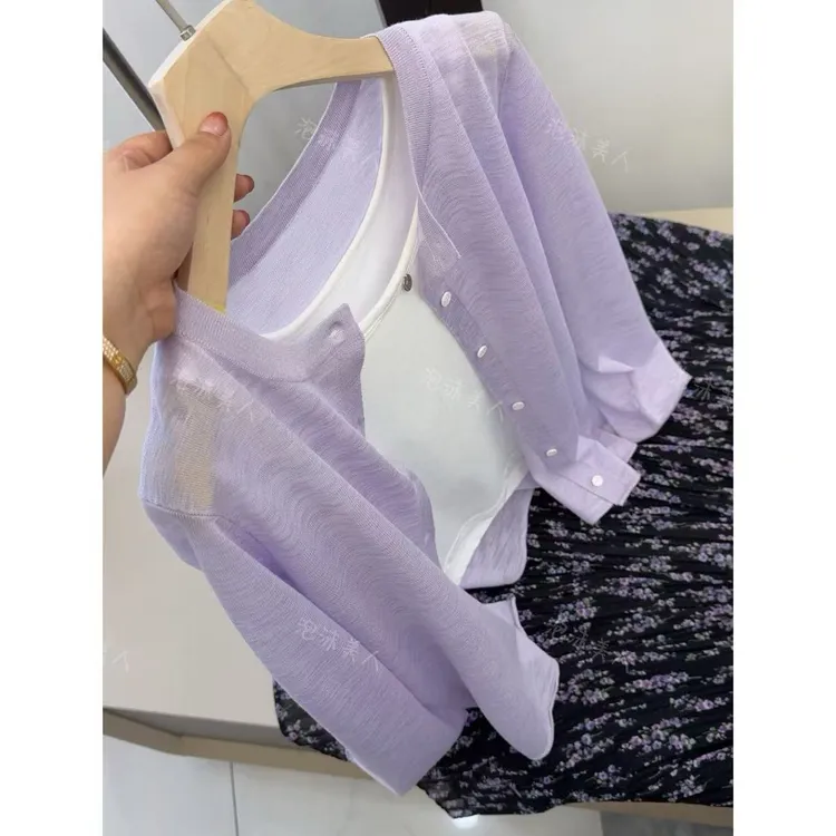 仙紫」薄款凉感醋酸亚麻百搭防晒长袖针织衫女25夏季新款 长57