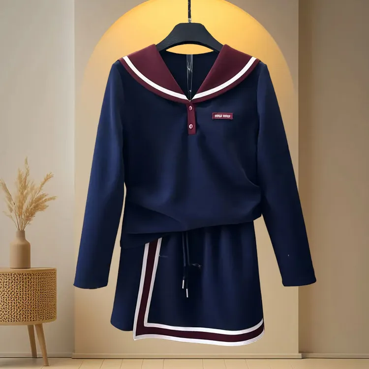《人面不知何处去》学院风减龄套装春秋新款撞色长袖体恤短裙两件套