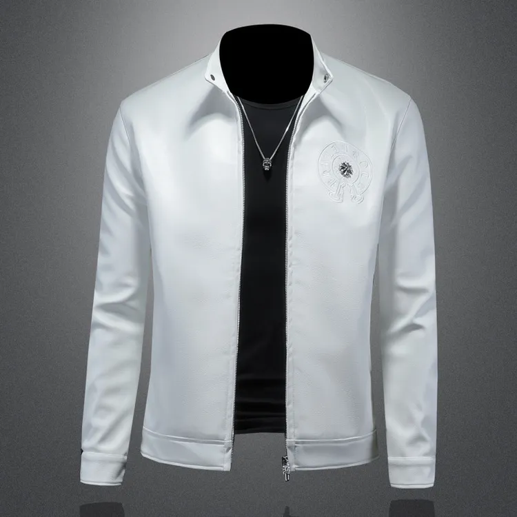 Tispair/蒂斯派尔立领皮衣男士春季新款潮牌修身刺绣休闲夹克上衣