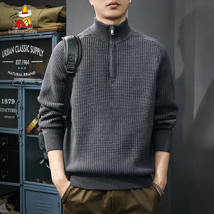 Mexican/稻草人美式半拉链针织毛衣男款秋冬宽松潮牌休闲高领上衣