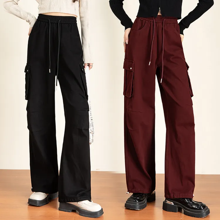 拉夏贝尔安可拉红纯棉工装裤女春秋美式高腰抽绳束脚休闲阔腿裤子