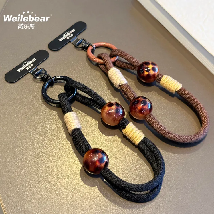 高端黑棕豹纹珠手机挂绳斜挎可背编织结实手腕防丢带垫片壳手机链