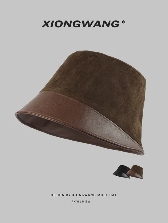 中古风！翻毛皮拼接pu皮复古渔夫帽女素颜遮脸显脸小盆帽洋气高冷