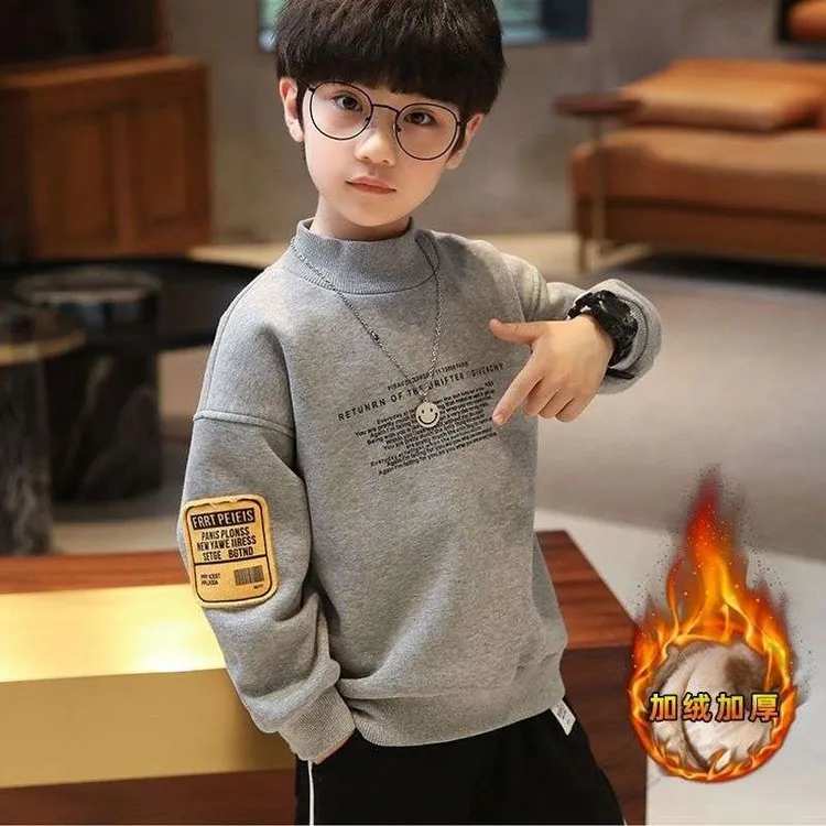 巴拉童年童装男童加绒卫衣冬装新款拼接儿童一体绒加厚上衣打底衫
