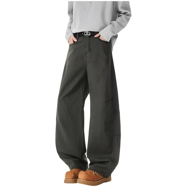 新款美式复古牛仔阔腿工装裤男士长裤宽松小众设计感休闲弯刀裤