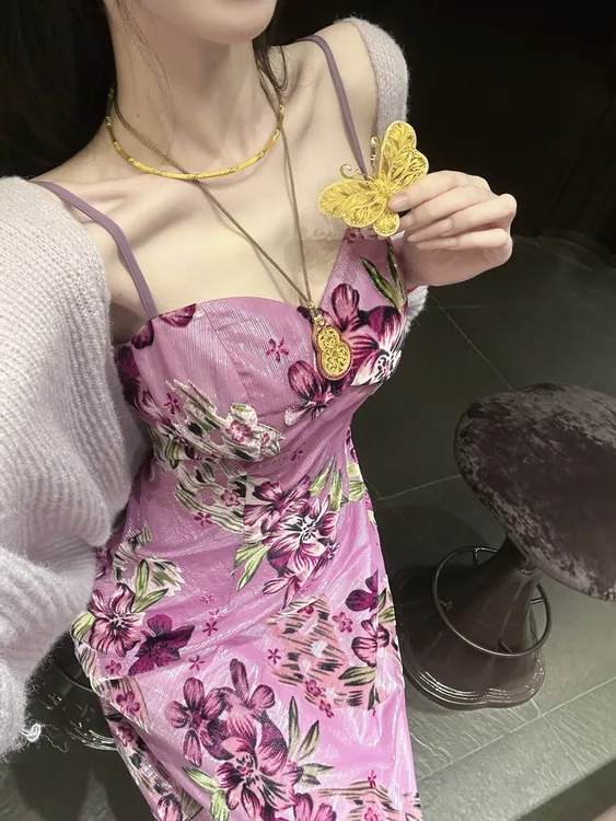 【雅乔定制】繁花缱绻 紫色银丝烧花人丝吊带连衣裙DYZY-25067691