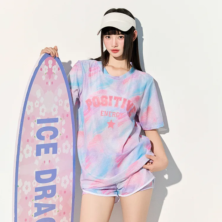 泳衣女大码胖mm微胖女孩运动款分体三件套短袖平角裤保守温泉泳装