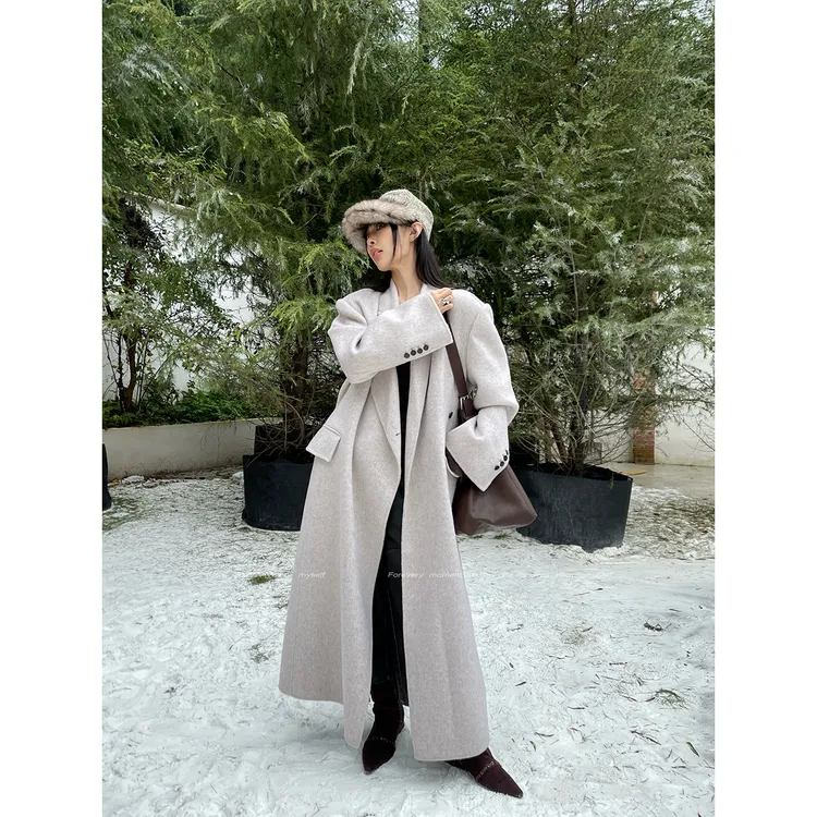 JCCC影子【素问】浅燕麦100%绵羊毛极简系带长款大衣外套JE5BMD12