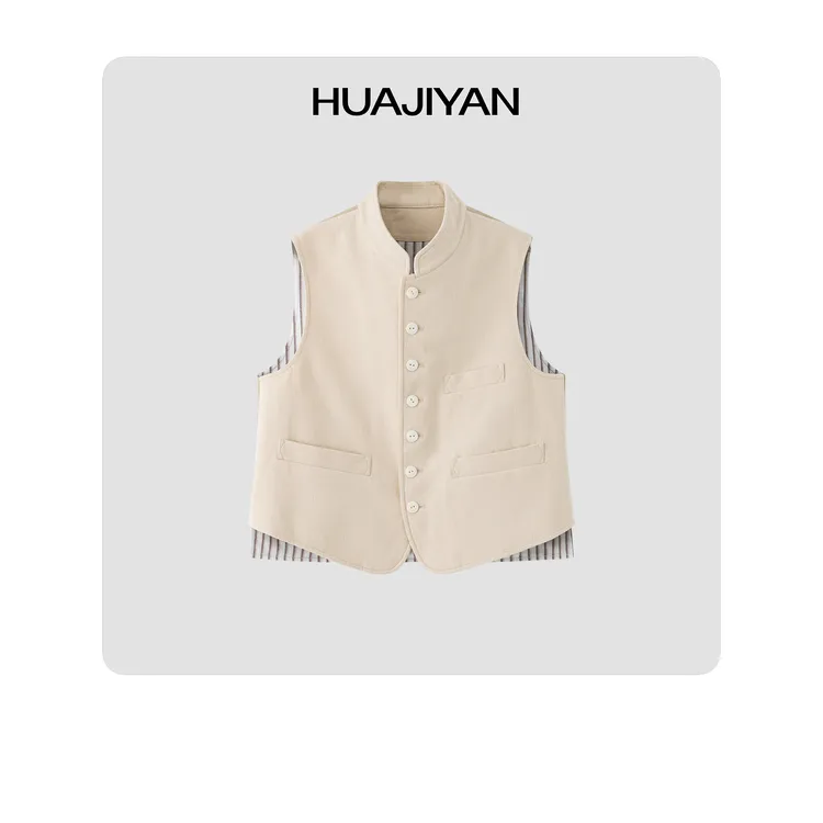 华吉言/HUAJIYAN【美术系】100棉竖条纹拼接小立领上衣马甲