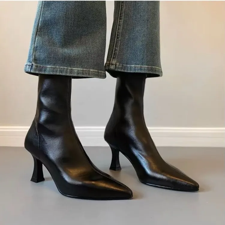 软皮版~韩系尖头细跟靴子高跟弹力靴气质百搭黑色瘦瘦靴秋冬女靴