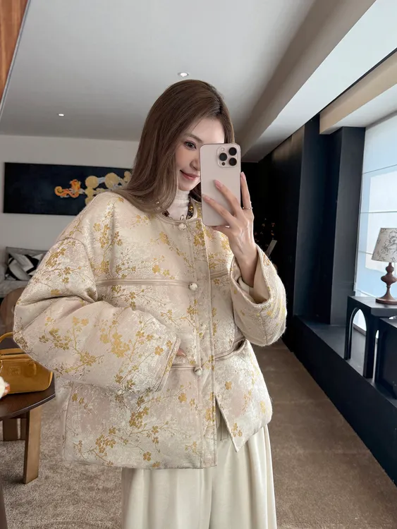 设计感新中式国风印花棉服女2025冬季新款小个子时尚减龄夹棉外套