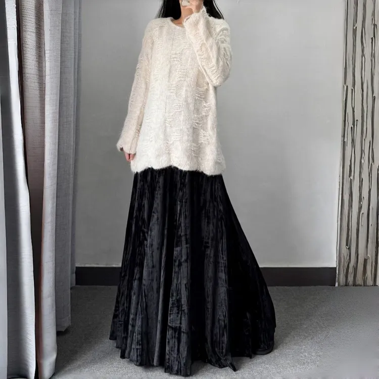 秋冬长裙子女半身裙显瘦大裙摆加长到脚踝国风丝绒裙加厚遮胯高腰