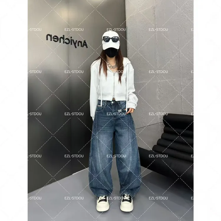 EZ8621-加绒新款2025百搭设计显瘦显腿长炸街美式牛仔弯刀裤