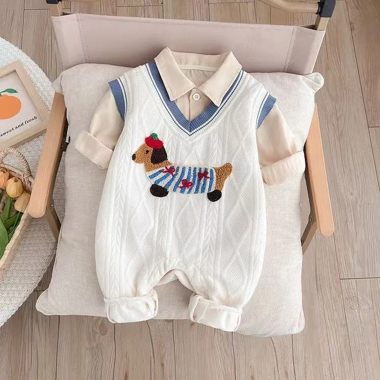 春秋季婴儿时尚英伦衣服男宝宝超萌洋气假两件绅士外出连体哈衣