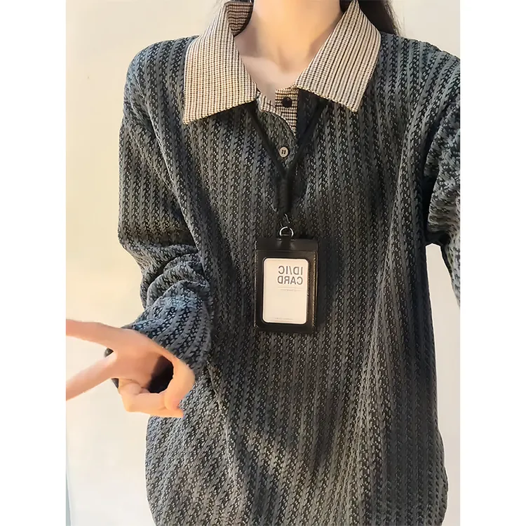 美式千鸟格polo领卫衣男款秋季鱼骨纹重磅t恤cleanfit内搭打底衫