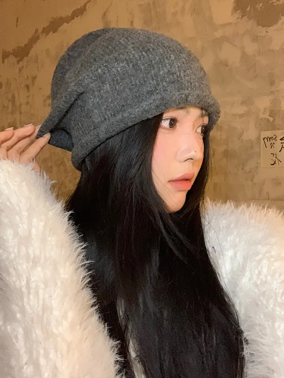 含羊毛冷帽网红帽子女秋冬季毛绒针织显脸小堆堆帽大头围包头帽