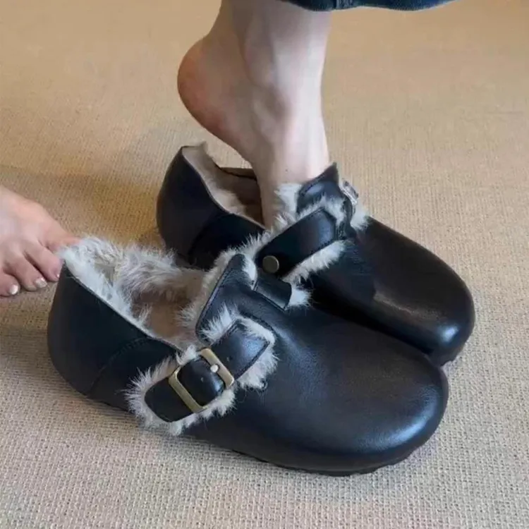 复古保暖勃肯鞋女2025冬季新款简约加绒通勤百搭舒适毛毛棉鞋