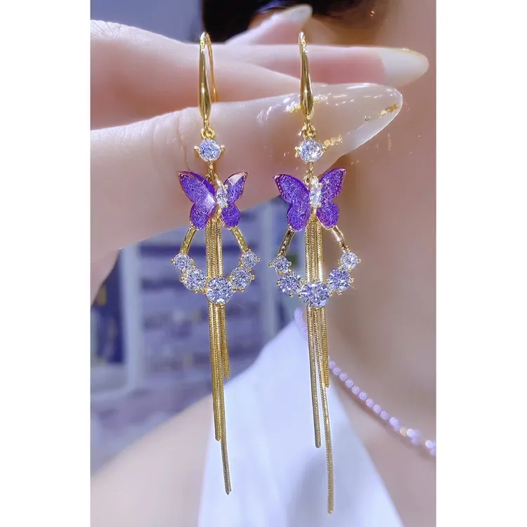 铜合金合成锆石耳饰 时尚气质轻奢个性长款蝴蝶流苏耳环