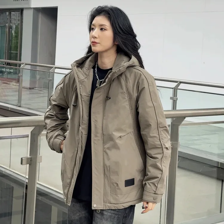 秋冬连帽工装外套棉服男宽松防水冲锋衣百搭拼接加厚二棉夹克上衣