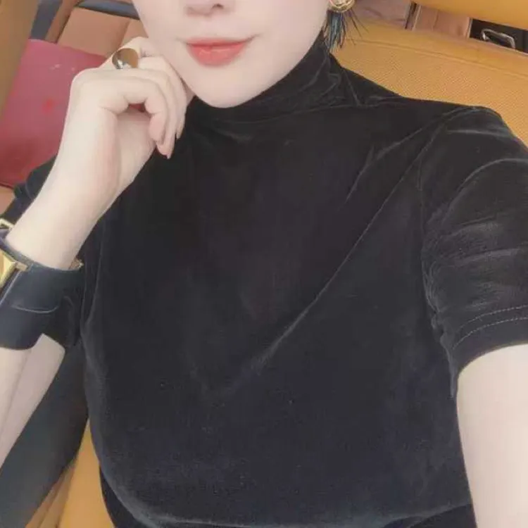 JING秋季《万人迷丝绒高领》2025888纯色短袖T恤舒适百搭高领上衣女