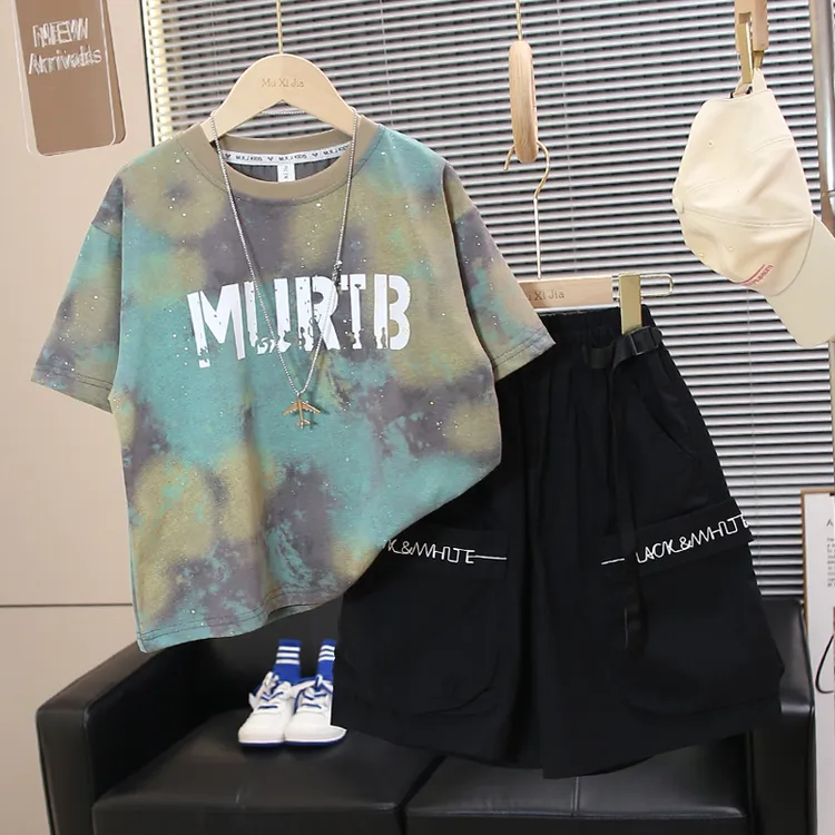高货星空扎染男童夏装套装2025新款男童夏季短袖t恤两件套宽松潮