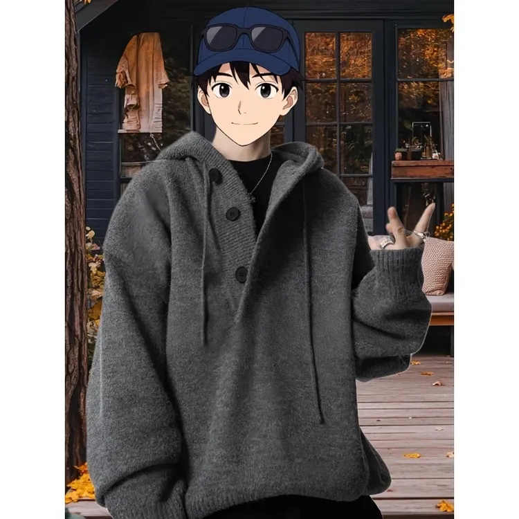 深灰色慵懒风连帽毛衣男款秋冬季高级感加厚美式cleanfit针织卫衣