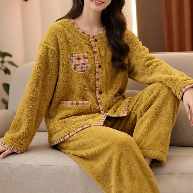 新款家居服加厚圆领女士加厚睡衣套装加绒纯色保暖外套秋冬