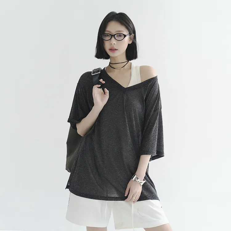 万有引力博物馆 半透视薄款V领短袖T恤女夏季2025年新款宽松上衣