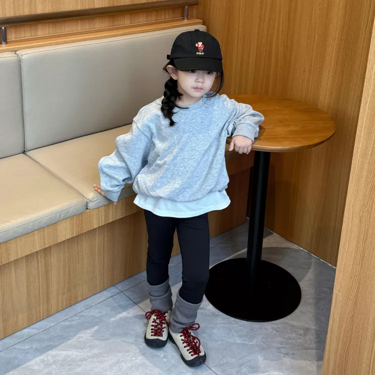小思家女童2025秋季新款韩版洋气假两件卫衣外穿堆堆袜打底裤套装