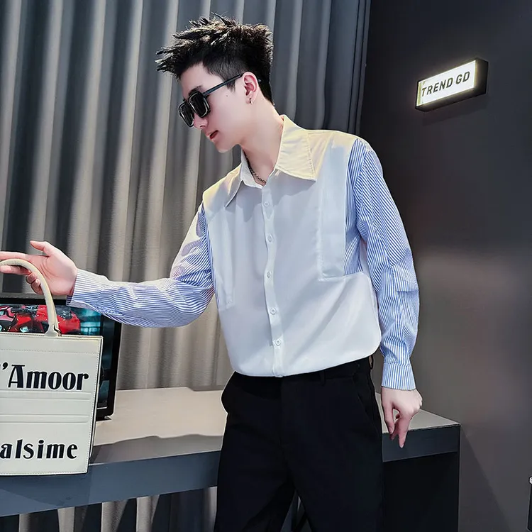 条纹拼接假两件衬衫男士春秋季长袖衬衣2025新款痞帅男装休闲寸衫