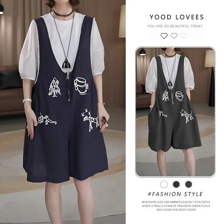 刺绣背带阔腿短裤两件套女2025夏季巨好看韩里韩气休闲T恤一整套