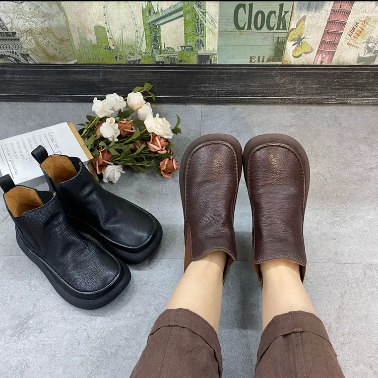 复古圆头短筒一脚蹬秋季弹力靴子切尔西靴简约风