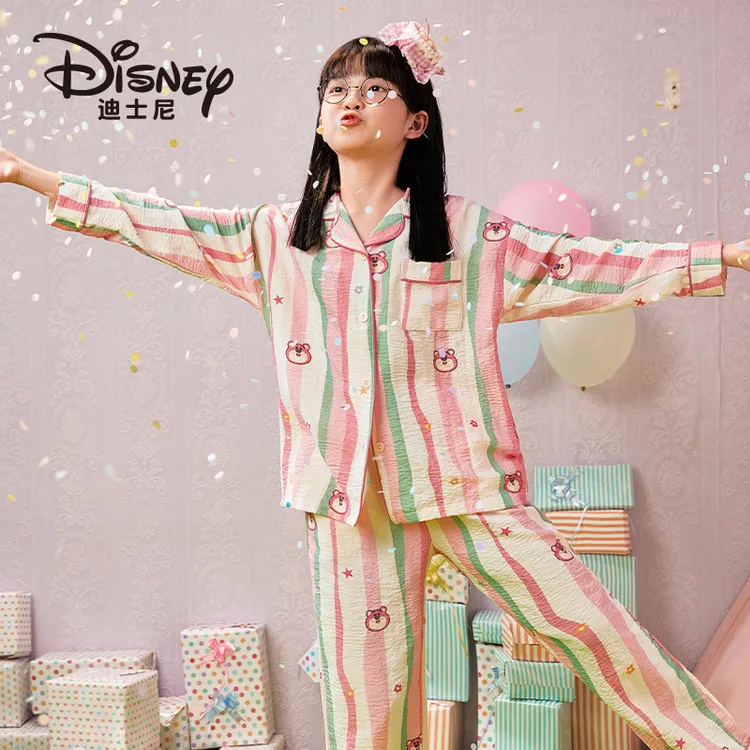 Disney/迪士尼草莓熊睡衣女童秋季长袖欧若风开衫家居服套装4248