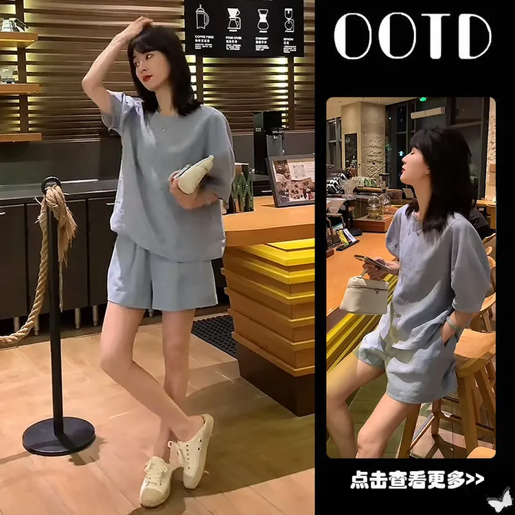 【现货】夏季穿搭一整套女2025新款韩版泡泡袖衬衫高腰短裤两件套