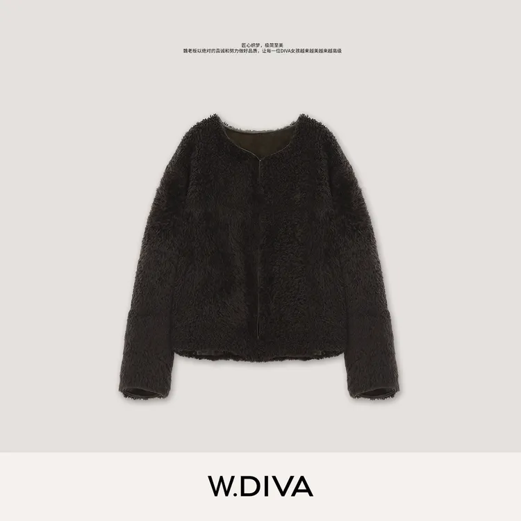 W.Diva【法式衣橱】棕色进口西班牙时尚拉贡皮毛一体外套4CDM38690