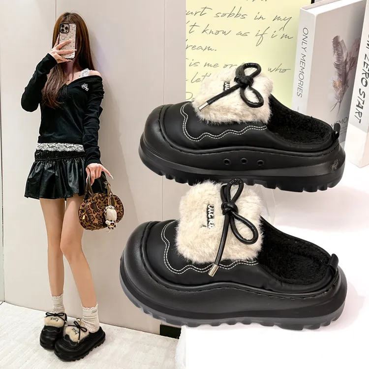 女士冬季厚底增高毛毛包头拖鞋可爱蝴蝶结加绒保暖居家室内时尚