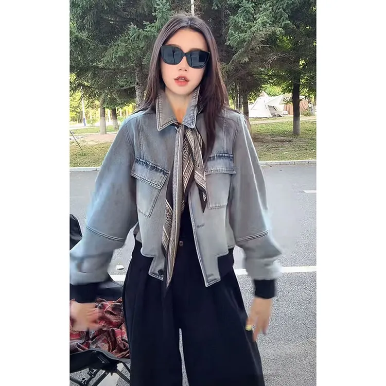 复古水洗做旧宽松翻领牛仔外套女2025年秋季新款美式重工修身夹克