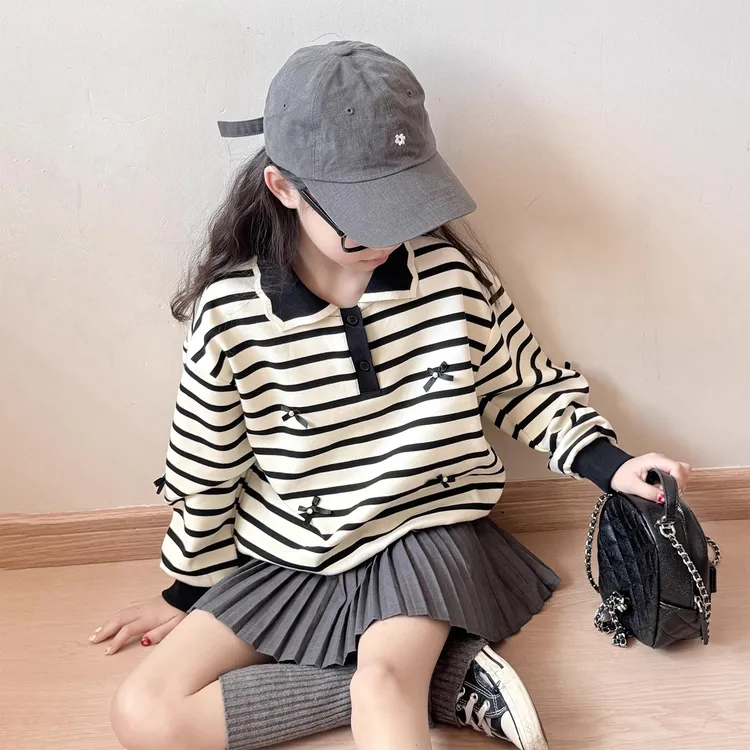 女童秋季POLO卫衣2025新款女孩学院风条纹长袖上衣儿童超洋气衣服