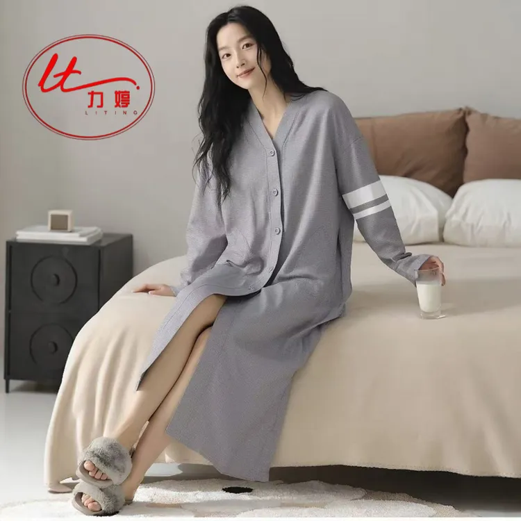 力婷睡袍女春秋纯棉长袖休闲慵懒风睡裙大码浴袍秋冬家居服可外穿
