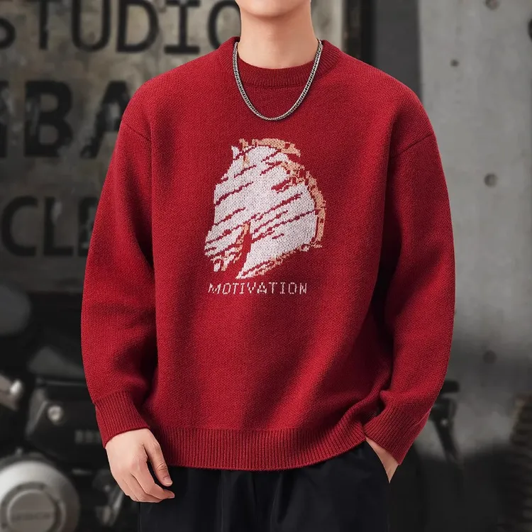 新年美式复古慵懒风红毛衣男士套头针织衫冬季提花加厚打底衫内搭