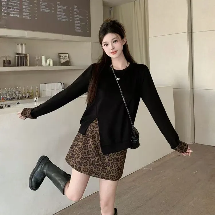 2025秋冬时尚套装长袖不规则上衣豹纹长短裙高腰胖mm显瘦遮肉