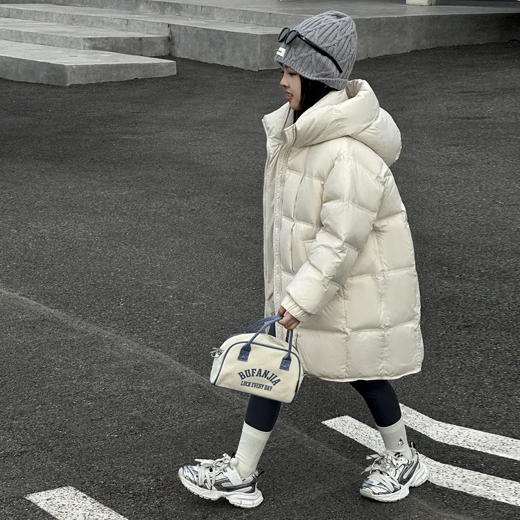 女童羽绒服秋冬季韩版加厚中长款保暖休闲简约中大童时尚连帽外套