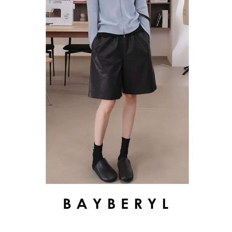 BAYBERYL老贝五分皮中裤黑色简约松紧腰25秋休闲裤XXK5H0922-8/10