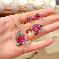 铜合金项链 高定小香风璀璨玫瑰红色首饰套装