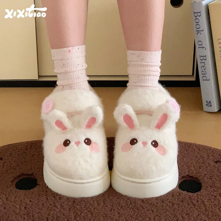 细细条 户外百搭软萌小兔魔术贴棉鞋女防滑厚底冬季少女心面包鞋