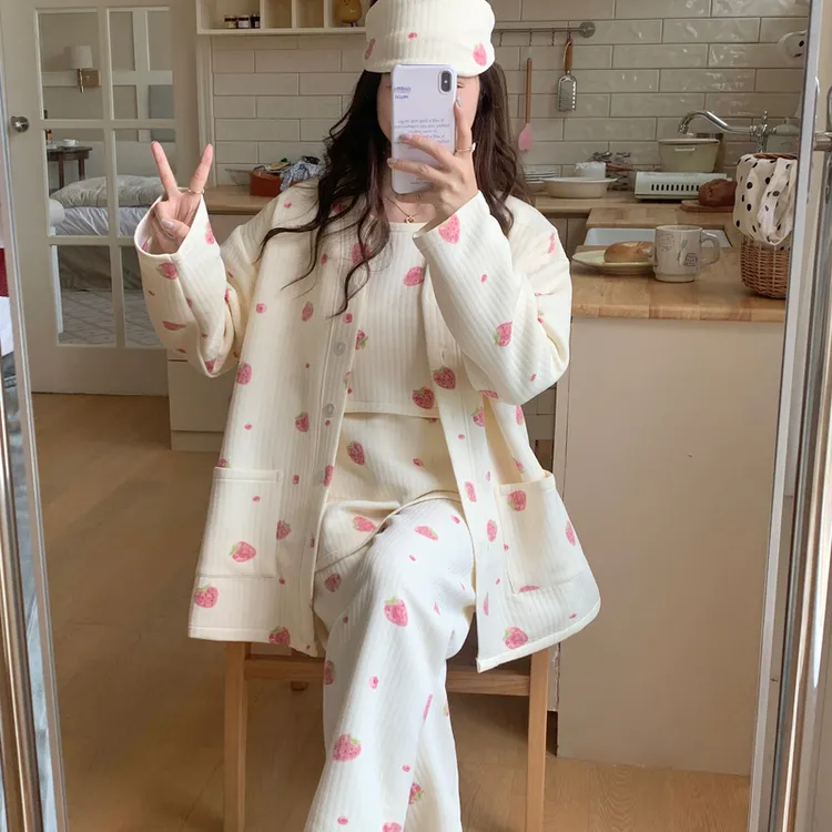 秋冬月子服大码200斤空气棉带胸垫孕妇睡衣产妇哺乳家居服三件套