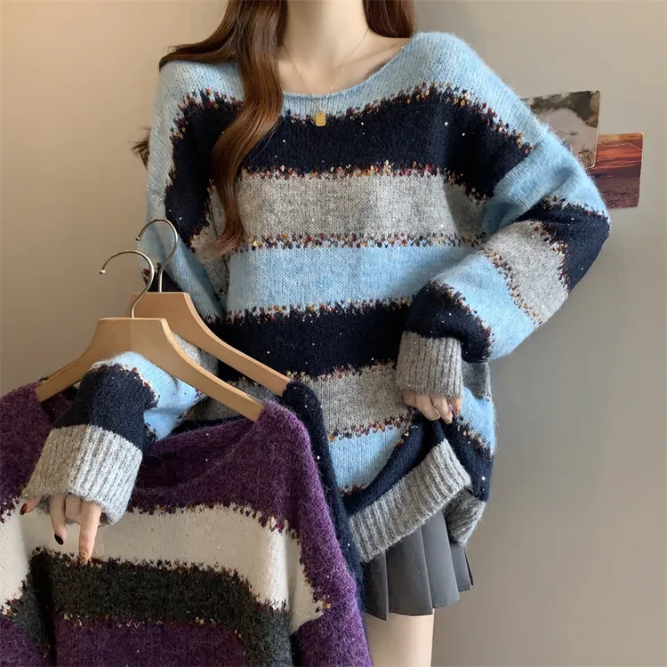 大码撞色条纹长袖毛衣女2025新款秋冬圆领套头针织衫上衣时尚